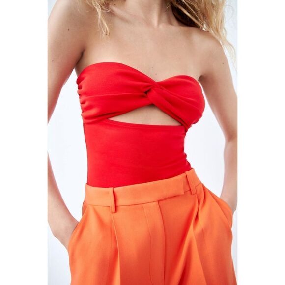 NWT Zara Sweetheart Neckline Off-the-Shoulder Bodysuit with Knot in Red, Small - Picture 3 of 14
